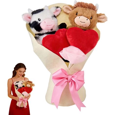 Bouquet En Peluche - Vache Highland - 2 Animaux En Peluche Avec Coeurs - Emballage Ruban Rose - Pour Saint-Valentin Anniversaire Décoration Intérieure - 1 Pièce (1/5)