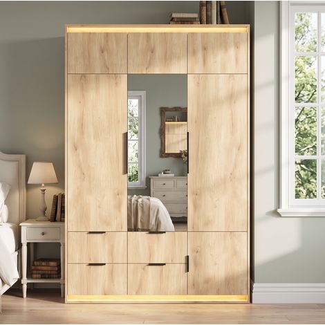 Armoire 3 portes avec miroir et éclairage LED, 4 tiroirs, 8 niches, 135x47x200 cm, MDF chêne (1/5)