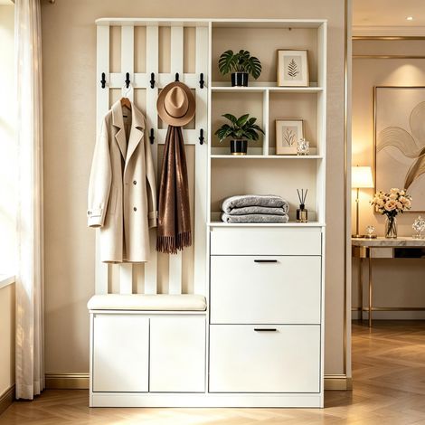 Vestiaire d'entrée 120x30x200 cm avec banc rembourré,2 abattants à chaussures,10 patères,1 tiroir,2 portes,MDF,blanc (1/5)