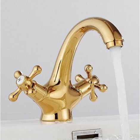 Vintage washbasin agitator, in gilded brass - hot and cold water tap with two handles. (1/4)