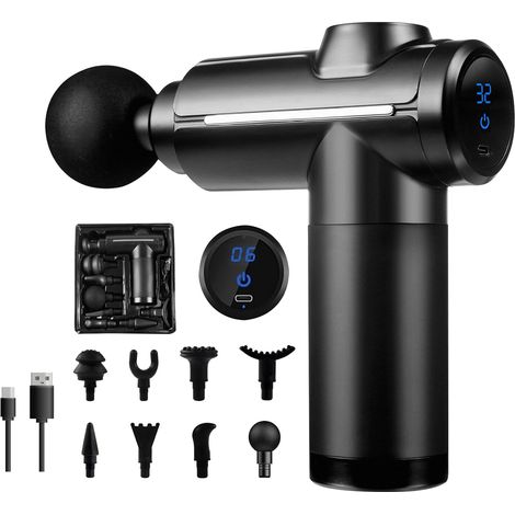Pistolet de massage pour tissus profonds, masseur à percussion musculaire, 32 vitesses, avec écran tactile LCD, 8 têtes pour la relaxation des épaules, du corps, du dos, noir