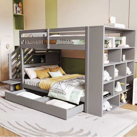 Lit superposé 90x200 cm en bois gris avec escalier de rangement, tiroirs et armoires intégrés (1/5)