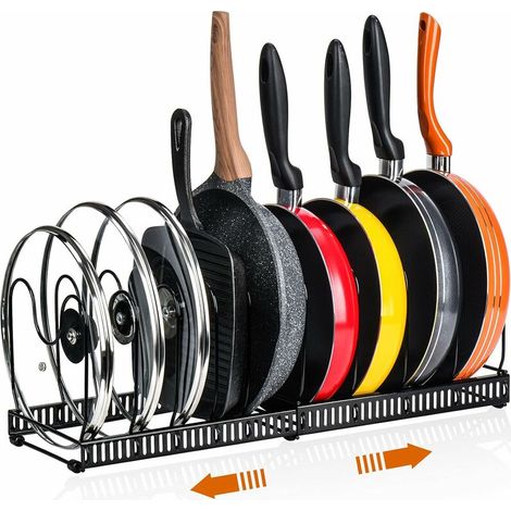 Porte-casseroles Support en Acier Inoxydable rangement cuisine avec 10 Compartiments Réglables Parfaite pour Les Ustensiles de Cuisines Poêles, Casseroles, Couvercles (Noir) (1/4)