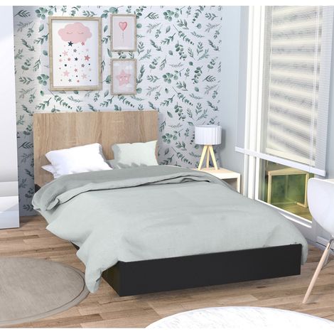LOFT-Bett 90x190 cm + Bettkasten / Schwarz & gebleichte Eiche/ 192x94x75 cm