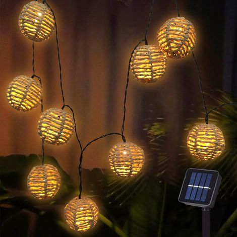 Guirlande solaire extérieure 10 LED abat-jour rotin