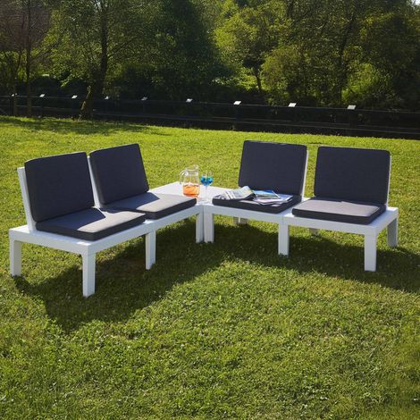 Dmora - Outdoor-Lounge-Set Dmur, Gartengarnitur mit 4 Sitzplätzen mit Rückenlehne und 1 Multifunktionsmodul, Sitzecke mit Kissen, 100 % Made in Italy, Weiß (1/5)