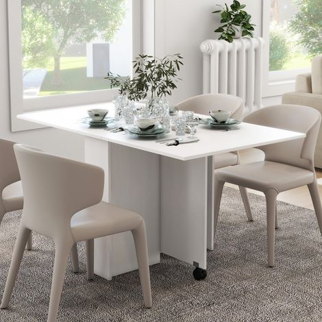 Klapptisch mit Rollen, Designer-Esstisch, platzsparender Klapptisch, modernes Design, mit Rollen, Ablagefächern, 140 × 80 × 74 cm, Weiß