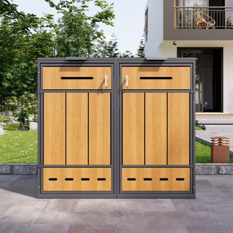 Cache-poubelle Double 132 x 84,5 x 118 cm - Abri pour 2 Poubelles 120-240L - Verrouillable avec Ventilation - Acier et Aspect Bois (1/5)