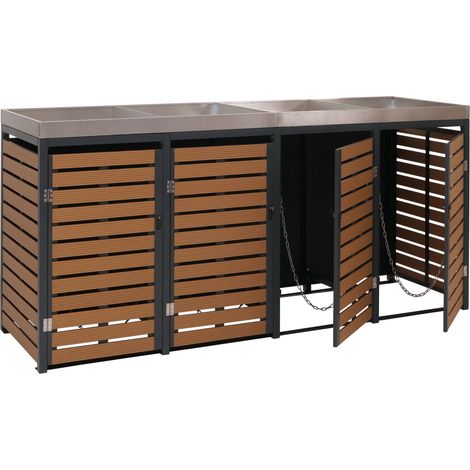 [NON UTILIZZATO] 4x copribidoni box spazzatura rifiuti con fioriera HHG-621 84x265x124cm metallo WPC teak