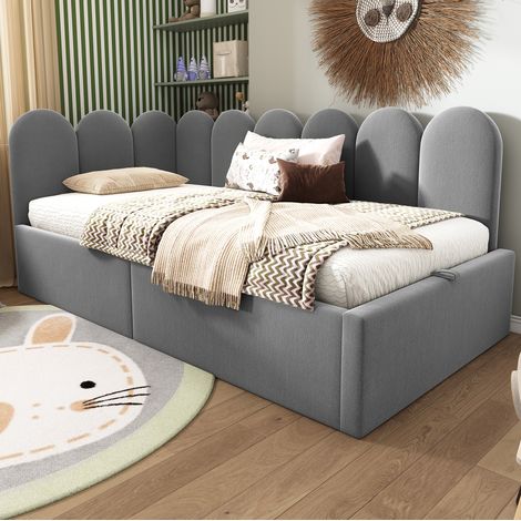 Lit banquette moderne 90x190 cm en velours gris avec tête de lit, coffre hydraulique et sommier métallique (1/5)