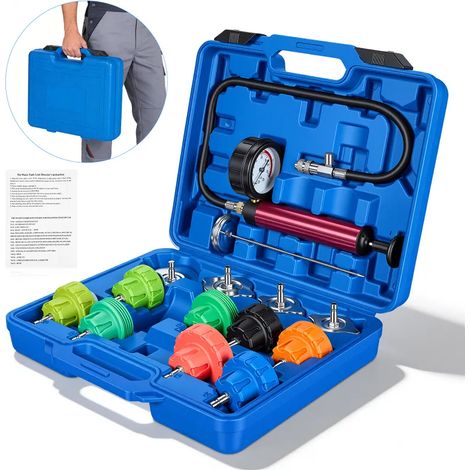 Kit testeur de pression du système de refroidissement , 15 pièces, détecteur de fuite radiateur avec pompe manuelle, 4 adaptateurs métalliques et 8 bouchons de test, outil de garage pour la plupart de (1/5)
