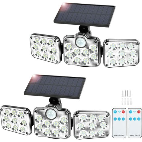 Lot de 2 Lampes de Sécurité Solaire Extérieur Detecteur de Mouvement, Projecteur Eclairage Solaires Étanche IP54,138 LED Lampe Solaire Puissant, 3 Têtes Orientables pour Jardin Porche Patio (1/5)
