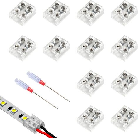 12 Pièces 10 mm Sans Soudure pour Bandes LED, Connecteur Câblé pour Ruban LED 12/24V DC, Connecteurs de Bande à 2 Broches pour LED SMD 5050, 3528 et COB, avec Tournevis Inclus, pour 14AWG-20AWG (1/5)
