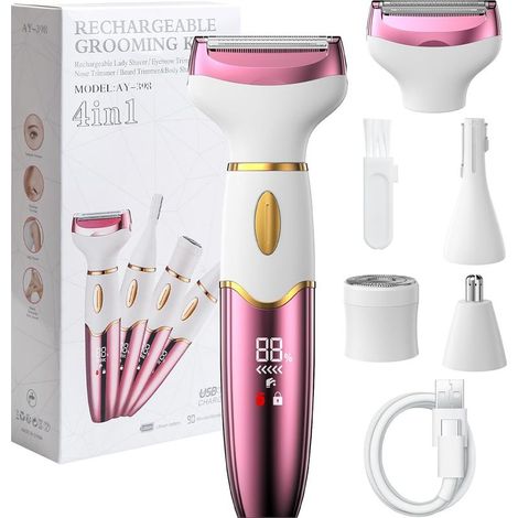 4-in-1 electric shaver for women with digital display, IPX7 waterproof, for facial hair removal and intimate shaving of face, pubic area, underarms and legs, rechargeable (1/5)