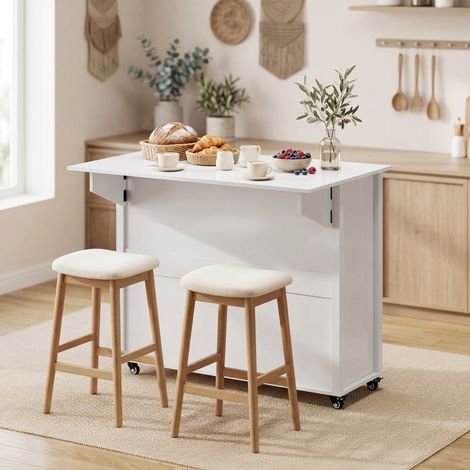 Îlot de cuisine à roulettes, plateau rabattable, étagère à épices, porte-serviettes, placard à 2 tiroirs, 117,5 x 70 x 91 cm, blanc