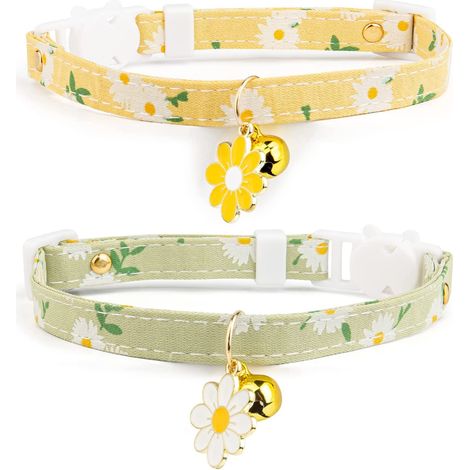 2 Colliers pour chat en coton avec clochettes, fleurs jaunes et vertes Collier pour chat mignon Collier pour chaton pour filles, garçons et chats (1/5)