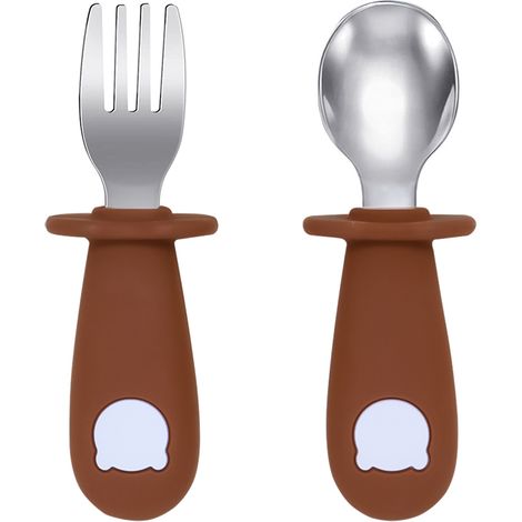 (Marron) Ensemble de vaisselle pour bébé, comprend une cuillère et une fourchette en acier inoxydable, sans BPA. (1/5)