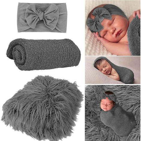 3-teiliges graues Mehrzweck-Fotografie-Set für Neugeborene: Wickeltuch, Fotomatte und Stirnband (1/5)
