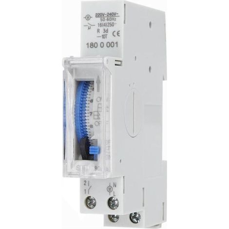 Timer giornaliero 24 ore con riserva di carica, montaggio su guida DIN, relè da 16 A, 220-240 V CA, alimentazione di backup per 72 ore, regolabile con incrementi di 15 minuti. (1/5)