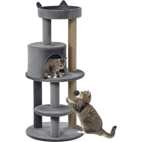 Arbre à chats multi-équipements griffoirs grattoirs plateformes niche jeu boule suspendue Ø 48 x 104H cm gris (1/5)