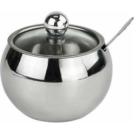 Sucrier en acier inoxydable avec couvercle et cuillère en verre transparent, pot à épices pour thé au sucre salé (1/5)