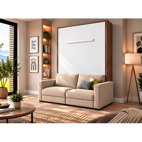 Lit escamotable vertical KIMBER avec canapé tissu intégré – Le salon le jour, un vrai lit la nuit Beige Noyer-80x200-Cadre Noyer-Façade Blanche-Canapé Beige (1/5)