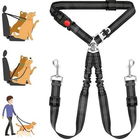 Doppelter Hunde-Autosicherheitsgurt, Zugstopp, Bungee, reflektierend, schwarz (1/5)