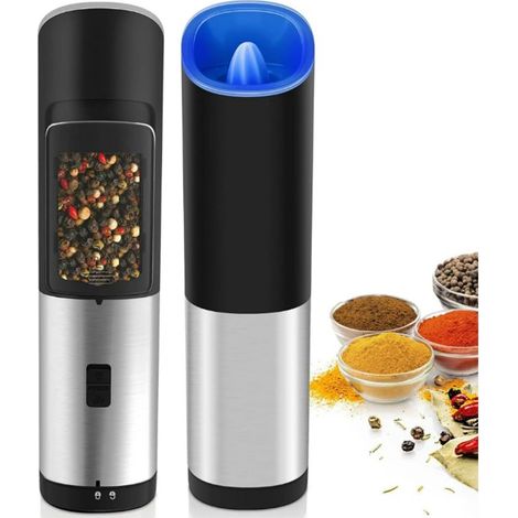 Batteriebetriebene Salz- und Pfeffermühle (2er-Set) mit LED-Licht, Schwerkraftsensor für einhändige Bedienung, einstellbarer Mahlgrad, ideal für Küchen und Restaurants. (1/5)