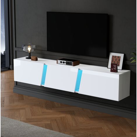 Wand-TV-Möbel 180 x 35 x 30 cm mit LED, 3 Klapptüren, weiß HAVRYA (1/5)
