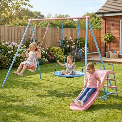Balançoire enfant avec toboggan 330x136x180 cm en acier bleu rose, jardin FLORAGRACE (1/5)