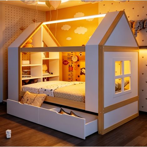 Letto per bambini 90x200 cm bianco e naturale in legno massello con LED e cassetti (1/5)