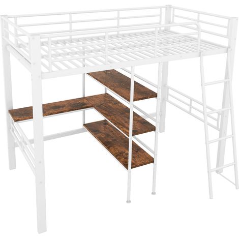 Metall-Hochbett für Kinder 90 x 200 cm mit Schreibtisch, Regalen, Leiter und weißem Geländer (1/5)