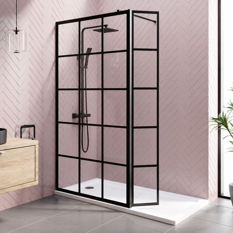 Aquari Grid Wet Room Screen Walk In Enclosure Matt Black 1200mm with 300mm Hinged Return Panel 8mm Toughened Safety Glass (1/5)