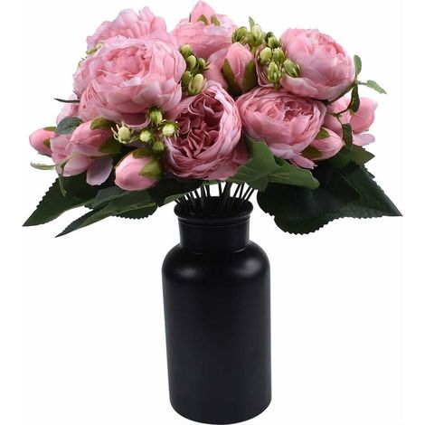 2 Bouquets de Fleurs artificielles en Soie Pivoine Artificielle Fausse Fleur glorieuse pour la décoration de Maison Nuptiale de Noce, 5 fourchettes, 9 têtes (Rose) (1/5)
