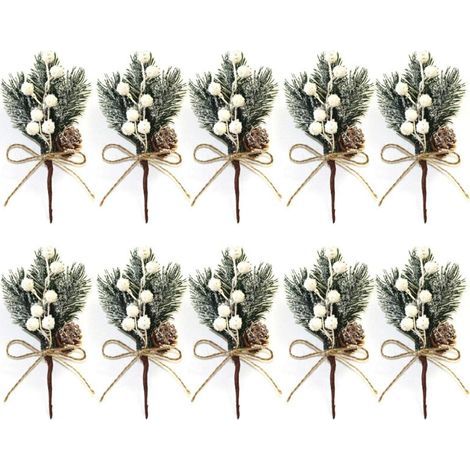Set of 10 small 15cm artificial white Christmas berry stems with pine cones, holly, Christmas flowers for Christmas wreaths, indoor vase decoration (1/5)