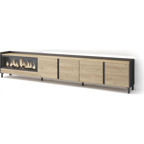 Skraut Home - Mobile TV Soggiorno, Ampio spazio a disposizione, 315x35x61cm, Per TV fino a 80", Camino elettrico XXL, Design industriale, LED, Stile moderno, Rovere e nero (1/5)