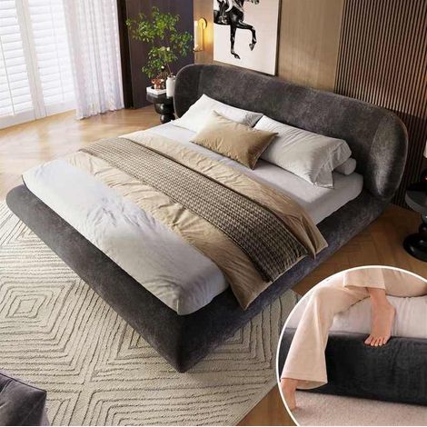 MODFU – Letto matrimoniale 140x190 cm in ciniglia con testiera imbottita, schiuma 12 cm, rete a doghe e carico 300 kg – Grigio (1/5)