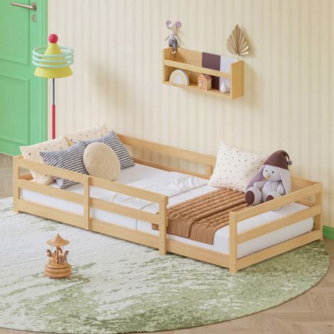 Cama infantil Montessori baja con barandilla natural OKMYHOME (1/5)