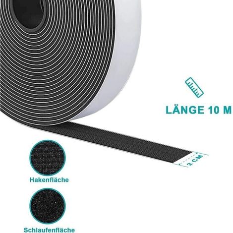 Autocollant adhésif double face extra stark, bande crochet et boucle noir, idéal pour cadre, fenêtre, moustiquaire et bricolage, 10 m x 20 mm (1/4)
