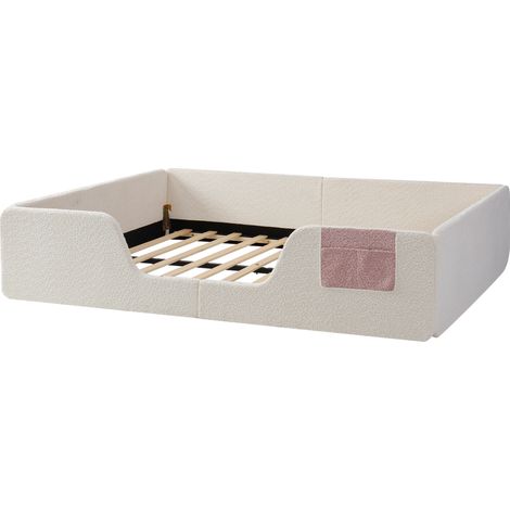 Lit enfant capitonné 140 x 190 cm beige en velours avec barrière amovible