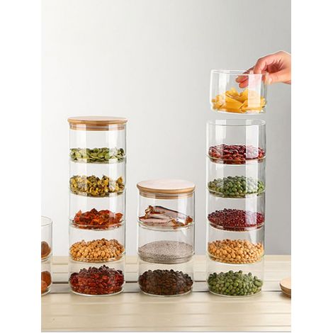 Bocal de rangement en verre à 4 compartiments pour les en-cas et les fruits secs, saladier en verre avec couvercle (1/5)