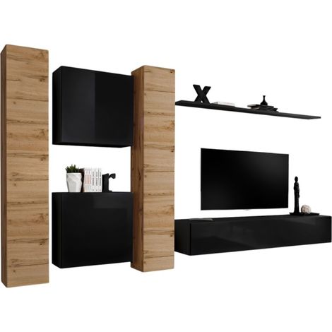 Set mobile da salotto a parete SWITCH VI design, colore nero lucido e quercia Wotan.