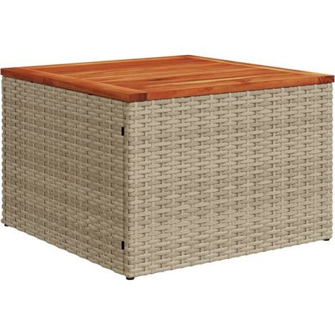 Table de jardin beige, mesurant 55x55x37 cm, en résine tressée et bois d'acacia. (1/5)