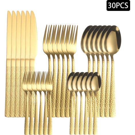 (Ensemble doré de 30 pièces) Couverts en acier inoxydable, adaptés à 6 personnes, avec manche martelé. (1/5)