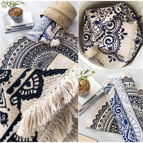 Runder Teppich, Mandala Boho Runde Teppich mit Quasten Handwebteppich Baumwolle Waschbar Boho-Stil Teppiche (90 x 90cm)