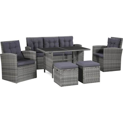 Salon de jardin 6 pcs Ensemble Table et Chaise de Jardin - avec coussins Résine tressée Gris BV114709 - BonneVie (1/5)