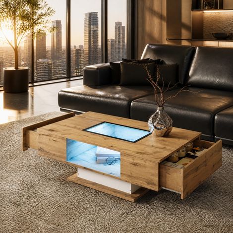 Table basse LED multicolore avec plateau en verre, 2 tiroirs, 110,2 x 60 x 39,7 cm DESVIAE (1/5)
