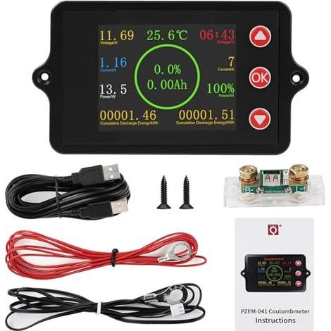 Multifunktionaler DC 8-100V Batteriekapazitätsmonitor, Farbbildschirm, Strom-/Spannungs-/Leistungs-/Restkapazitätsregler, 100A Kupfer-Mangan-Shunt + 2m USB-Kabel (1/5)