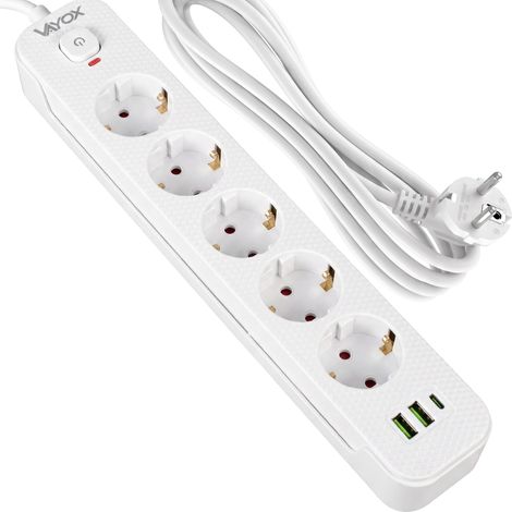 Multiprise Vayox VA0466W-3, 5 prises 10 A, 2 ports USB-A, 1 port USB-C 1 A, interrupteur, câble de 3 m, blanc (1/5)