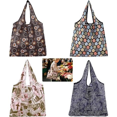 Sac de courses réutilisable, sacs fourre-tout, sacs de courses pliables, pour les courses quotidiennes, les visites au supermarché ou les excursions en camping,4 Couleurs - 4a (1/5)